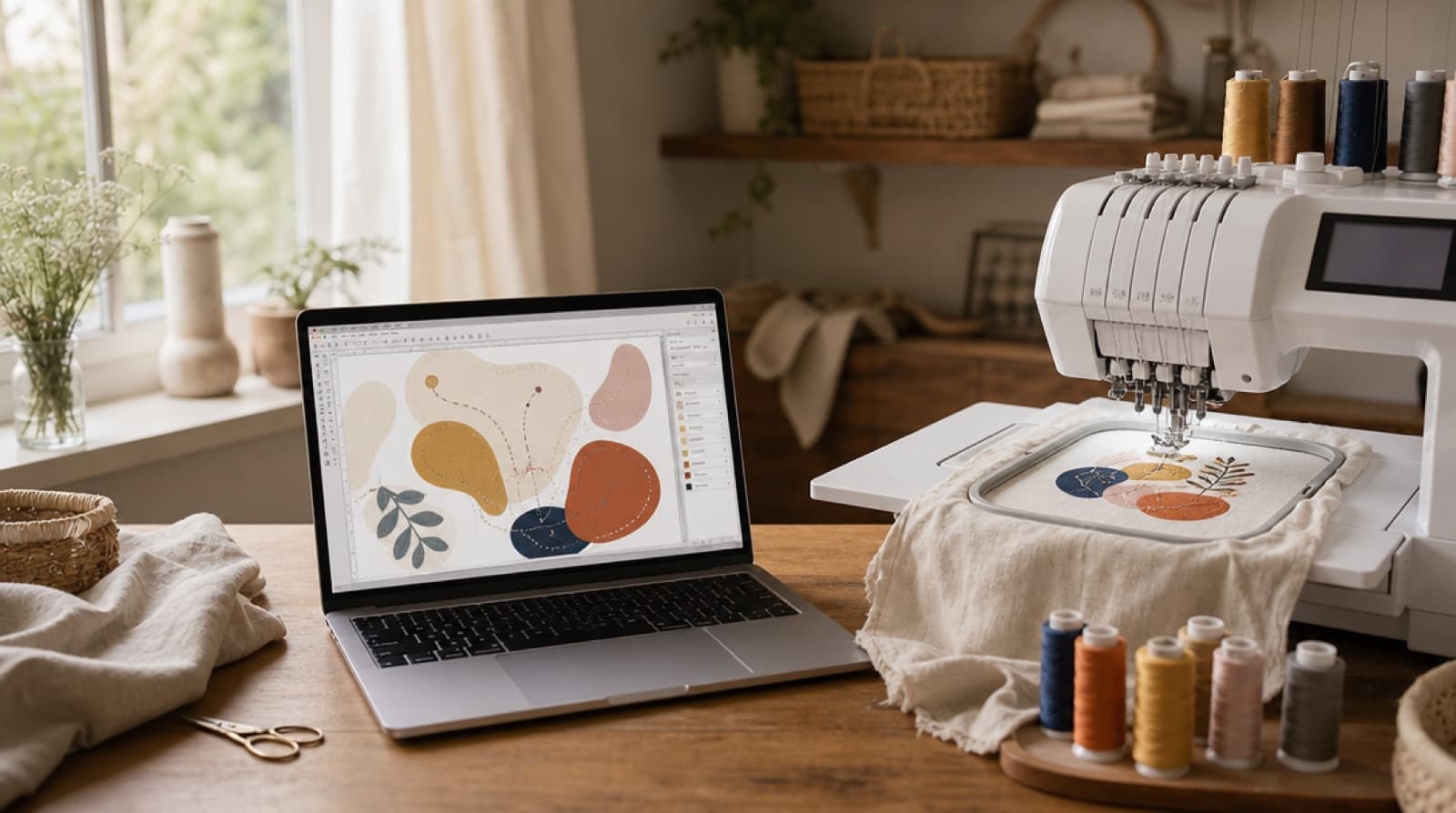 Laptop showing embroidery digitizing software next to a hooped stitch-out of a logo