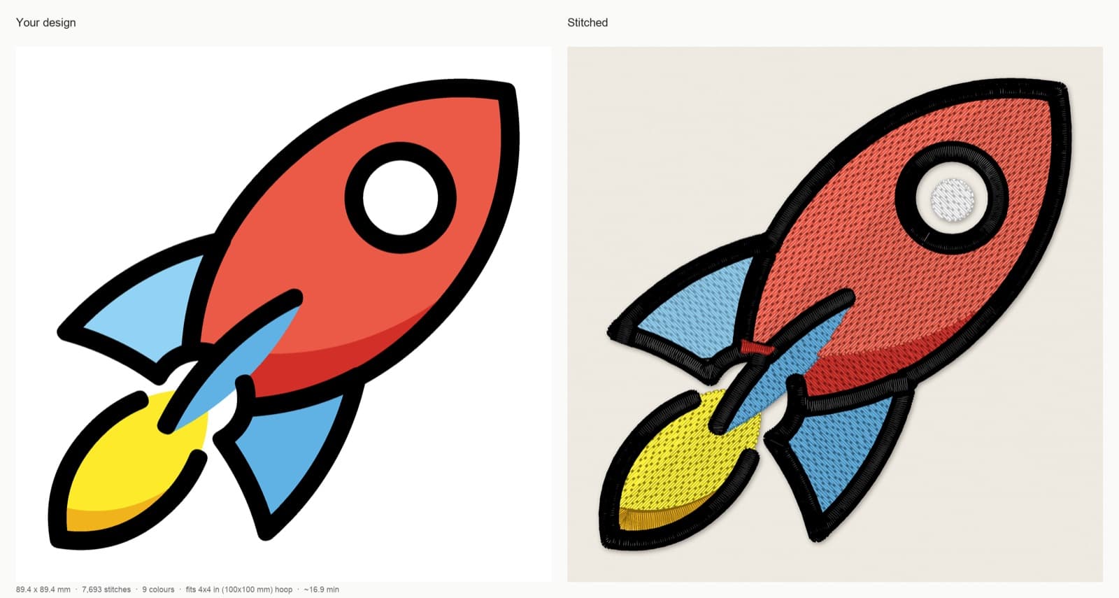 StitchFile stitch preview of a rocket design: original artwork on the left, stitched simulation on the right