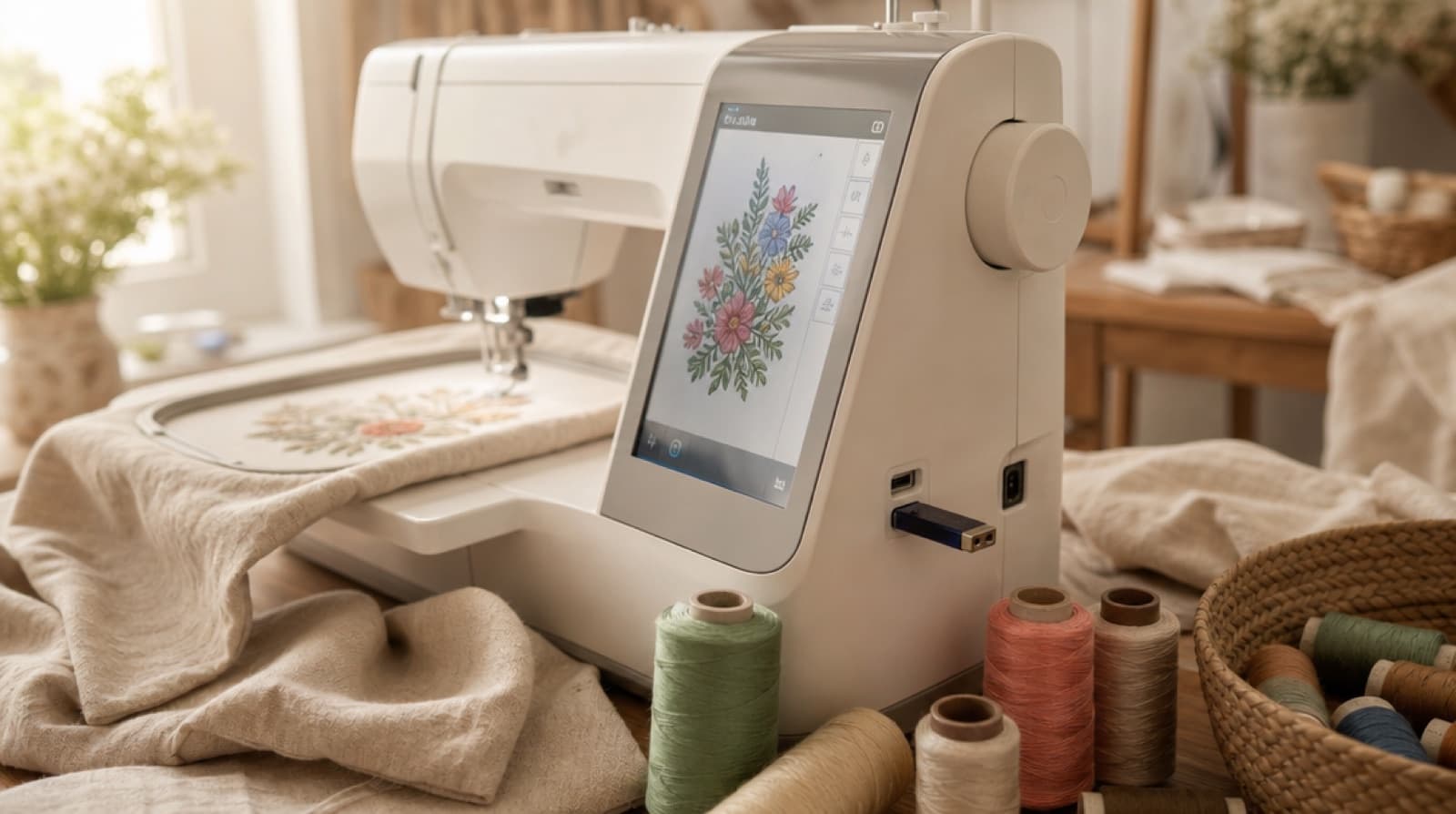 Home embroidery machine with a USB stick plugged in and a floral design on its screen, surrounded by thread spools