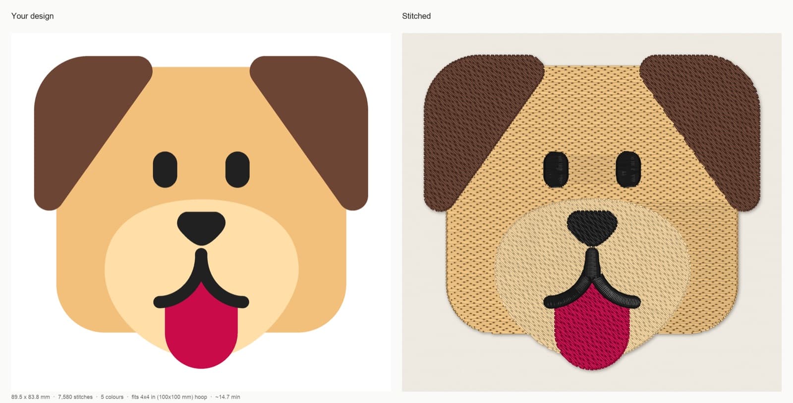 StitchFile stitch preview of a cartoon dog design at 90 mm: original artwork on the left, stitched simulation on the right