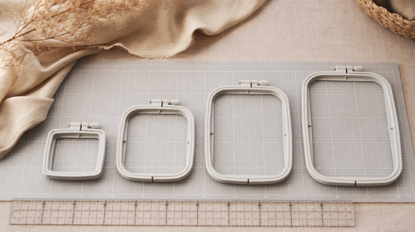 Machine embroidery hoops in several sizes laid out side by side on a table
