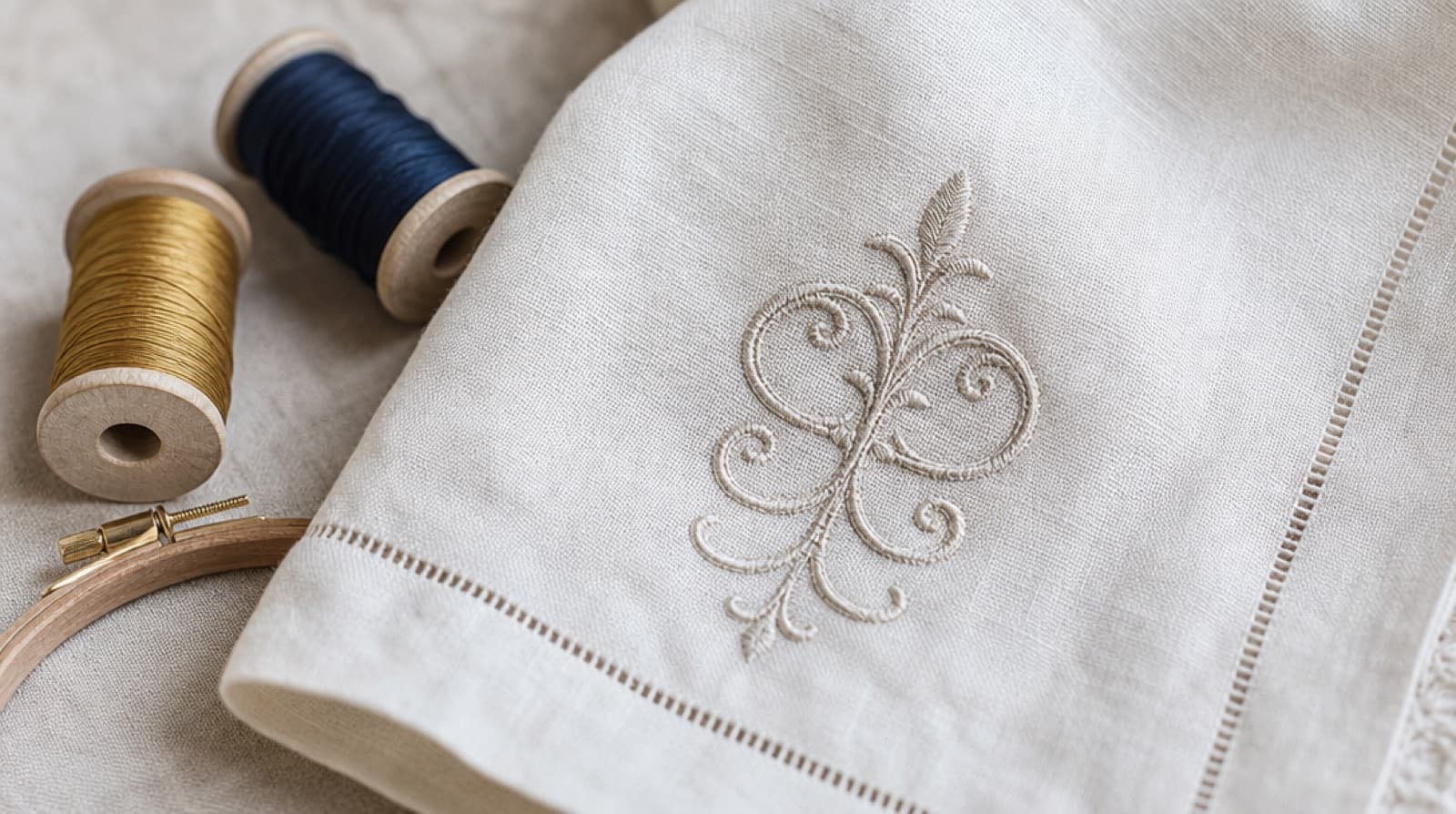 Cream decorative monogram-style flourish embroidered on a hemstitched linen napkin beside thread spools and a hoop