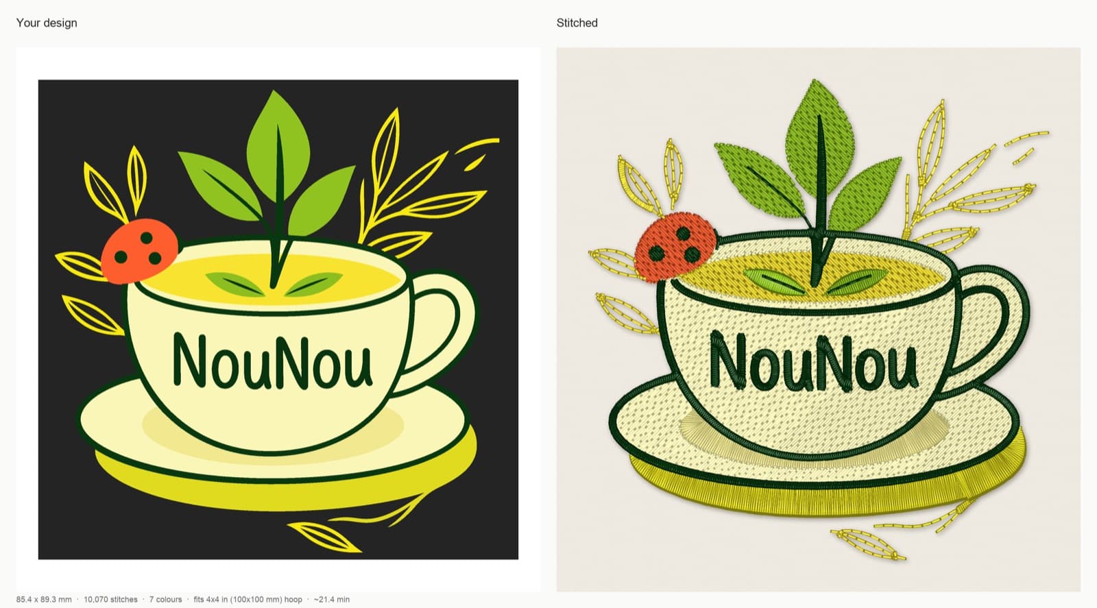StitchFile stitch preview of a teacup design with NouNou lettering at 90 mm on woven fabric, artwork beside the stitched simulation