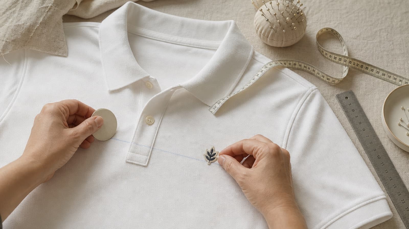 Embroidered left chest logo on a folded polo shirt next to a tape measure