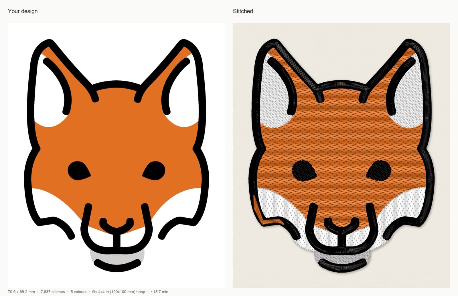 StitchFile stitch preview of a fox logo at the left chest size of 90 mm on polo piqué, artwork on the left and stitched simulation on the right