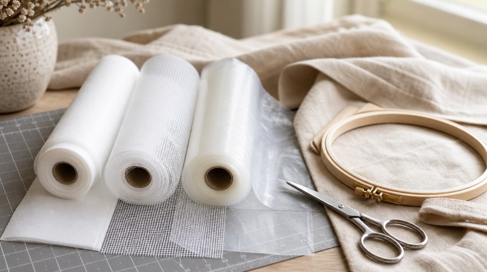 Rolls of cut-away, tear-away and water-soluble embroidery stabilizer next to a hooped shirt