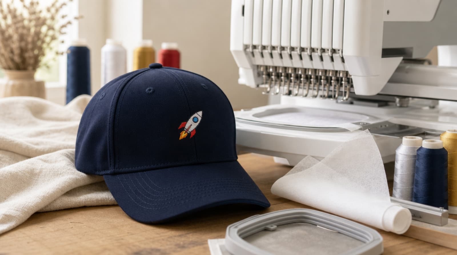 A baseball cap with a small embroidered logo on the front panel next to an embroidery machine