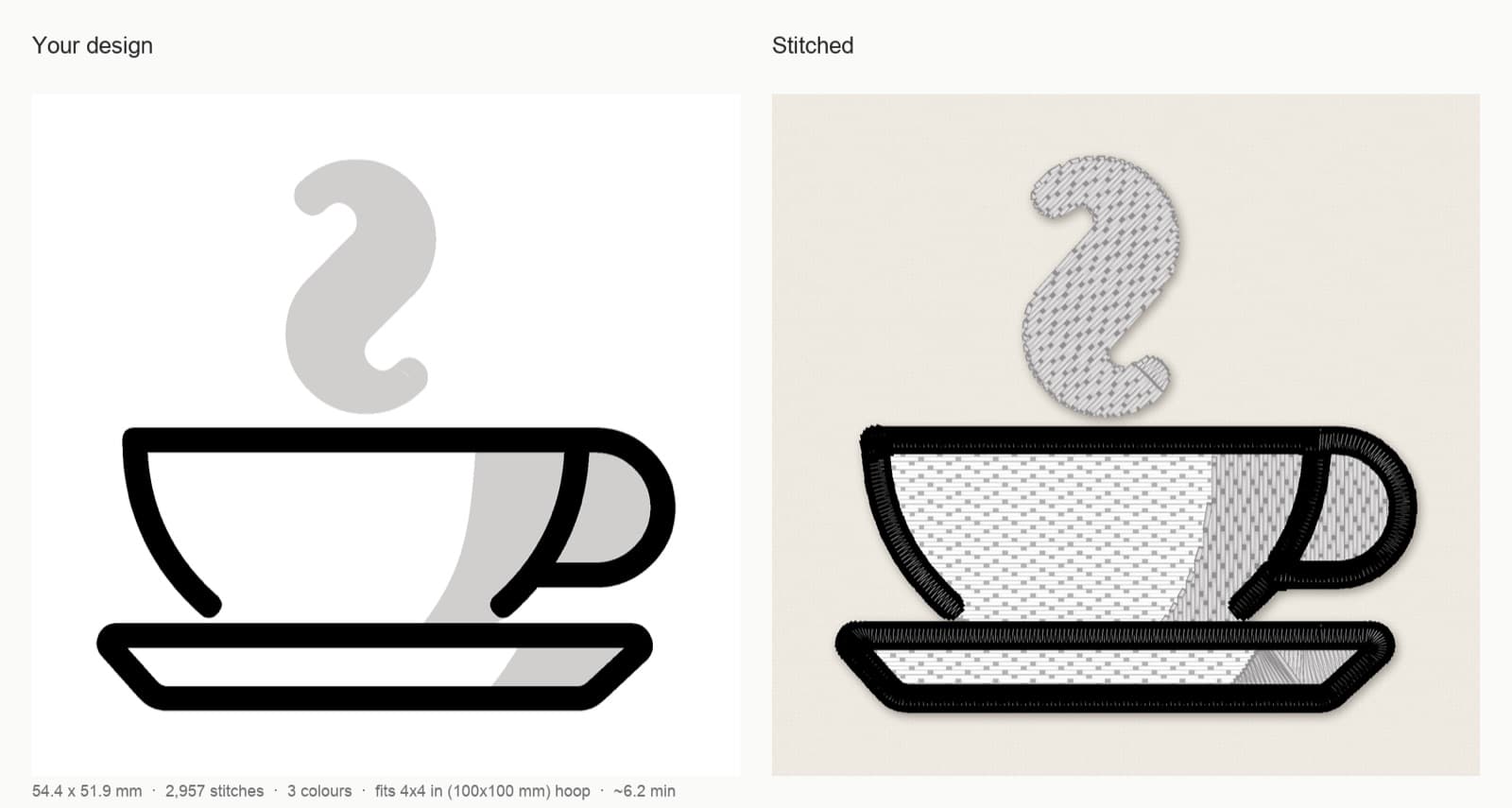 StitchFile stitch preview of a coffee cup design at the 55 mm cap front size, artwork next to the stitched simulation