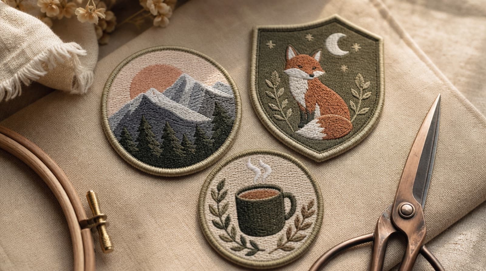 Three handmade embroidered patches, a mountain scene, a fox shield and a coffee cup, with a wooden hoop and scissors