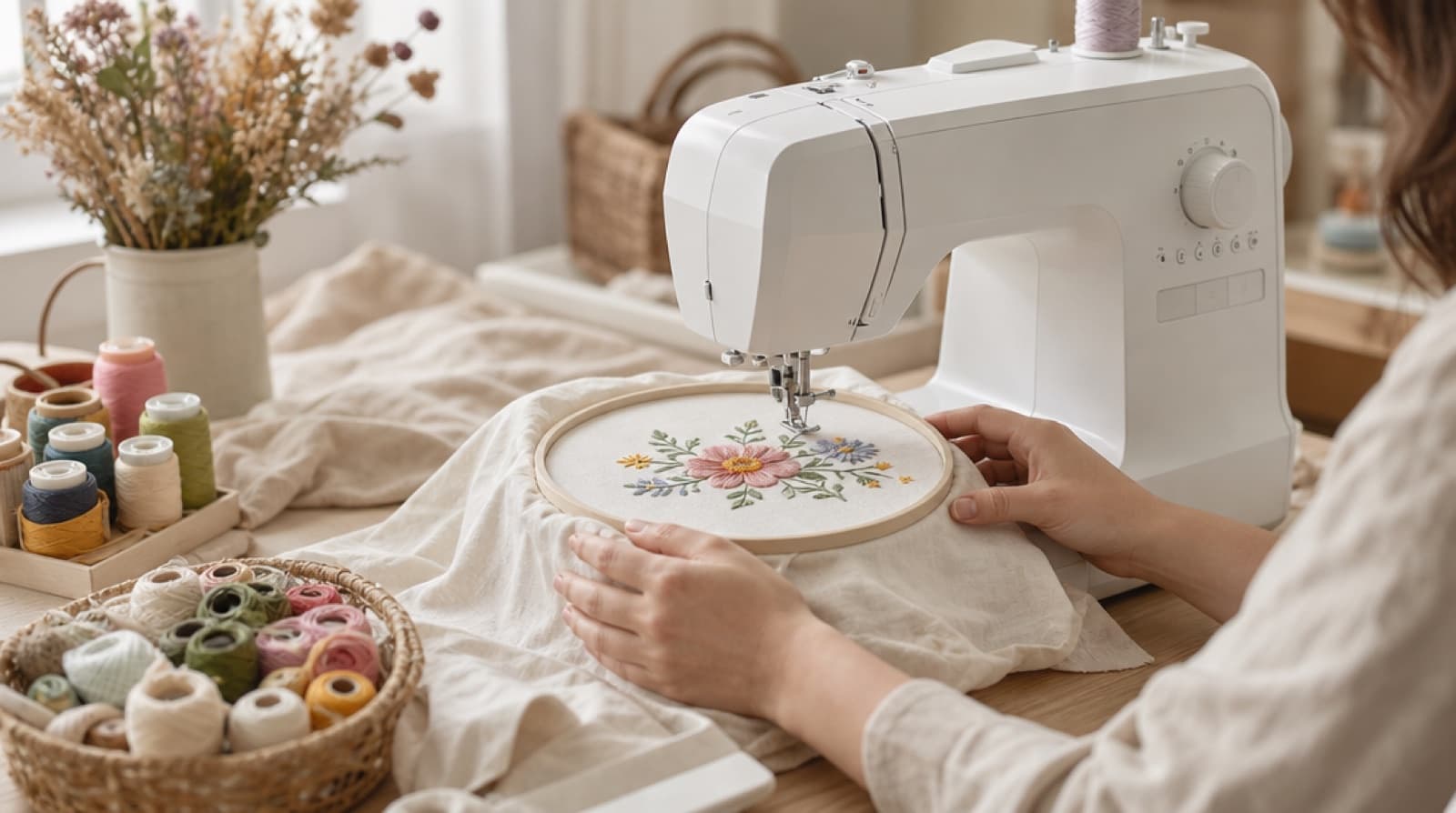 A home embroidery machine stitching a simple design on cotton fabric in a hoop