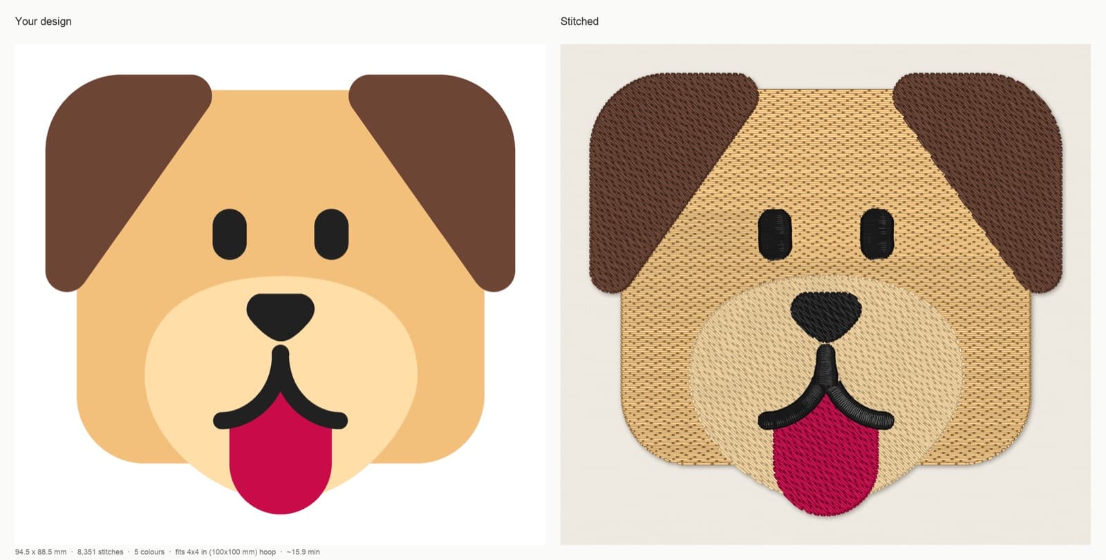 StitchFile stitch preview of a dog face design sized for a 4x4 hoop, artwork next to the stitched simulation