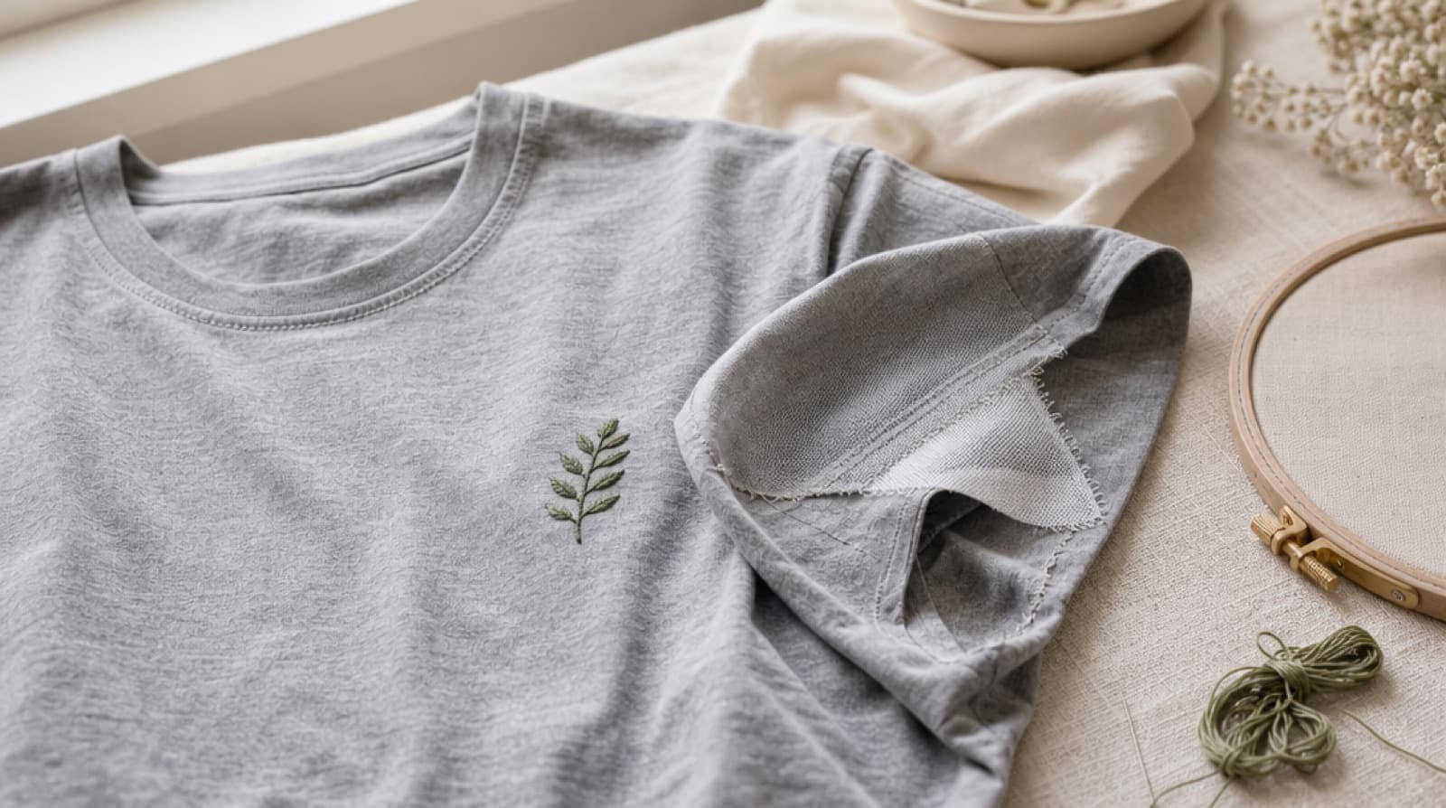 Machine embroidery on a t-shirt: a small left-chest design stitched flat on a jersey tee