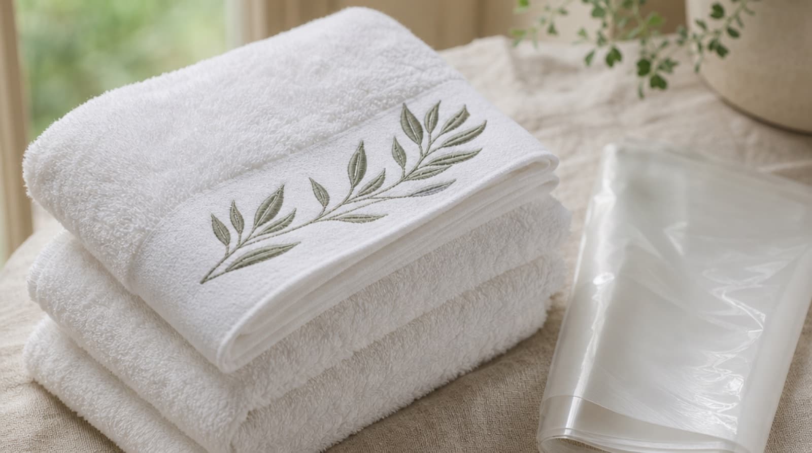 Embroidered monogram on a folded white bath towel next to an embroidery hoop