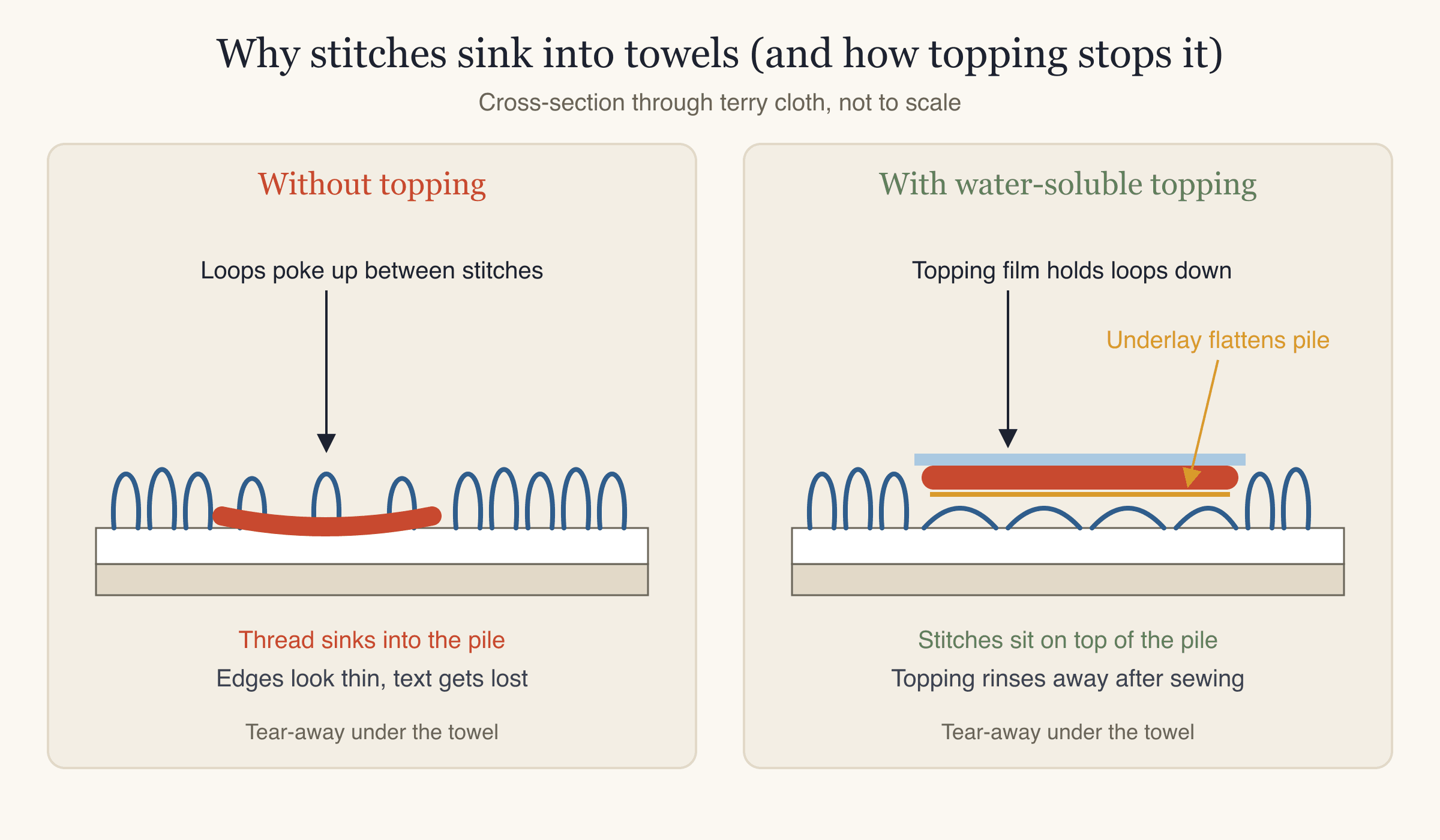 Cross-section diagram of embroidery on towels with and without water-soluble topping