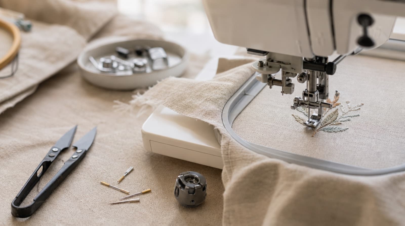 Embroidery machine stitching a leaf design on linen in the hoop, with spare needles, a bobbin case and thread snips on the table