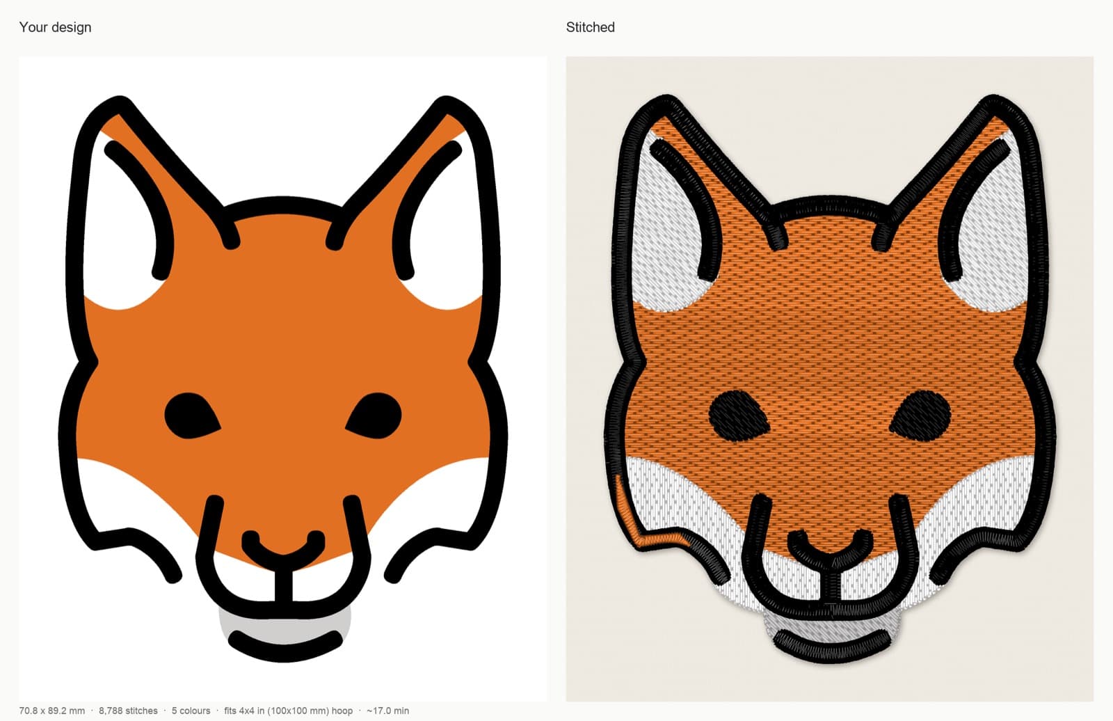 StitchFile stitch preview of a fox design at 90 mm on the T-shirt knit setting with Fuller fill, artwork beside the stitched simulation