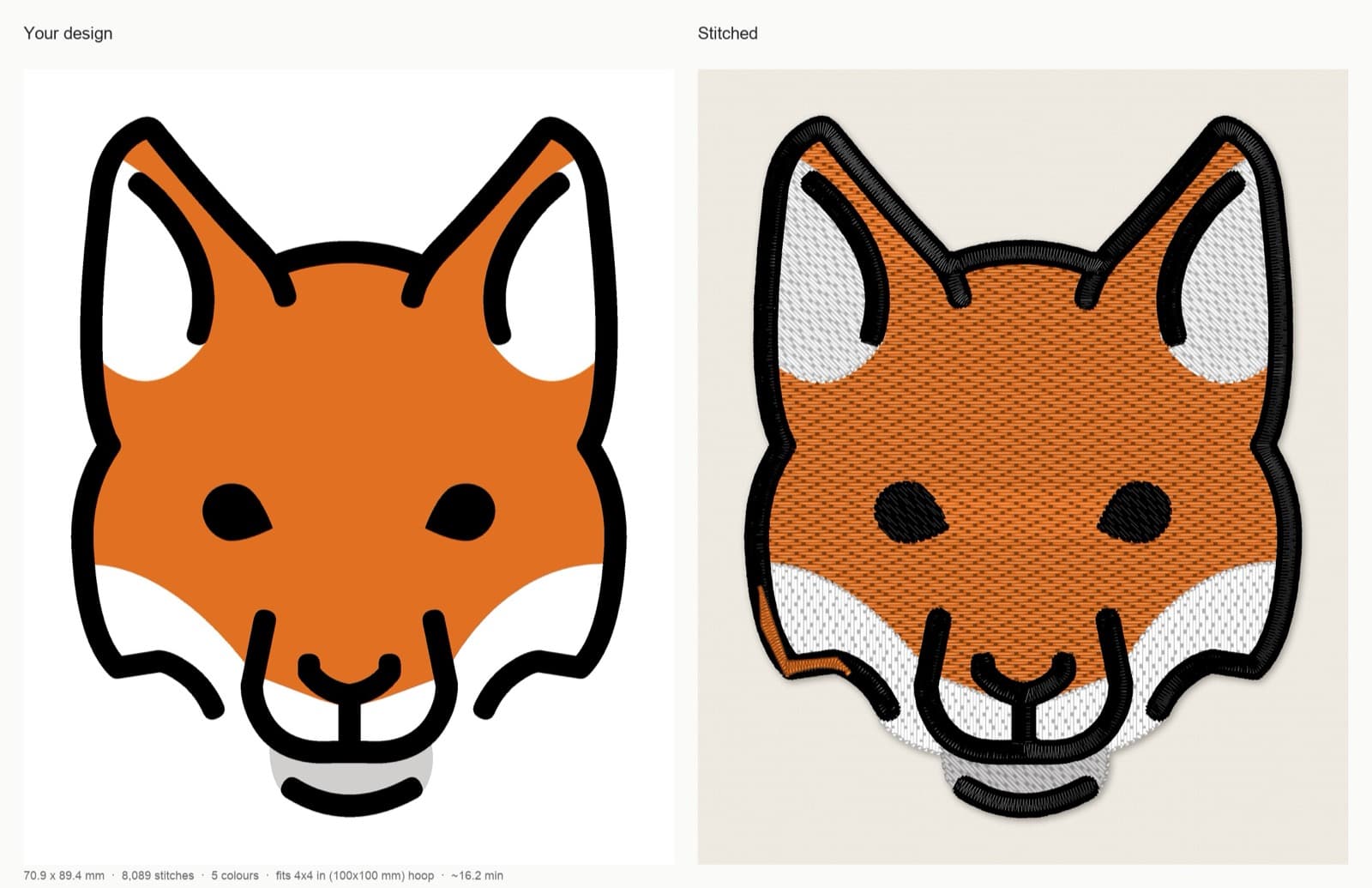 StitchFile stitch preview of a fox design at 90 mm on woven fabric, artwork on the left and stitched simulation on the right