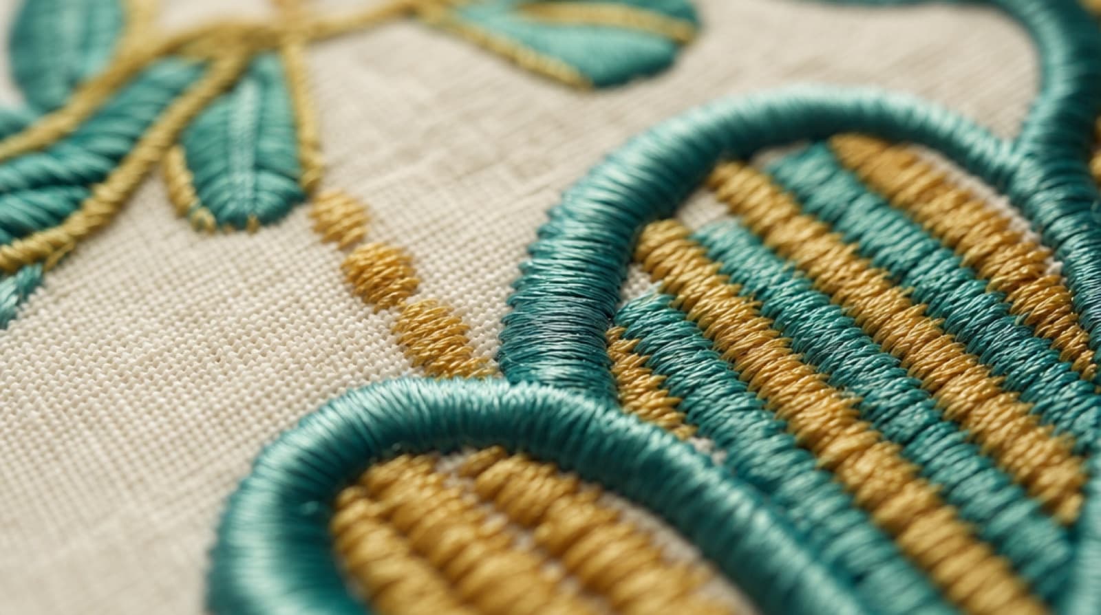 Close-up of machine embroidery with a shiny satin stitch border around a flat fill stitch area