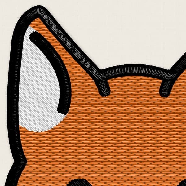 Satin stitch embroidery close-up from a StitchFile stitch preview: black satin border columns around orange and white tatami fill areas on a fox design